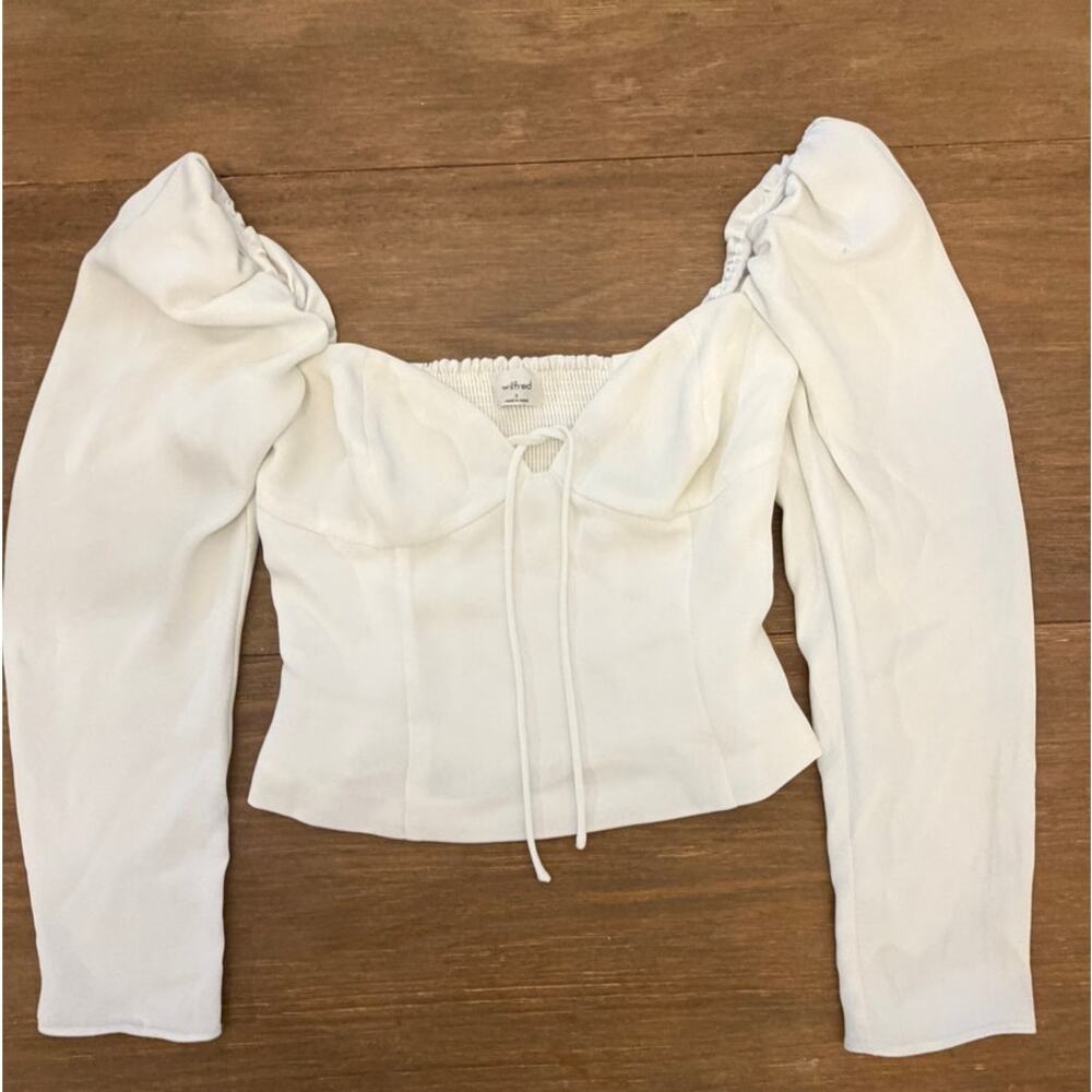 Wilfred Aritzia White Corset Crop Top Size 0 Long Sleeve Smocked Back